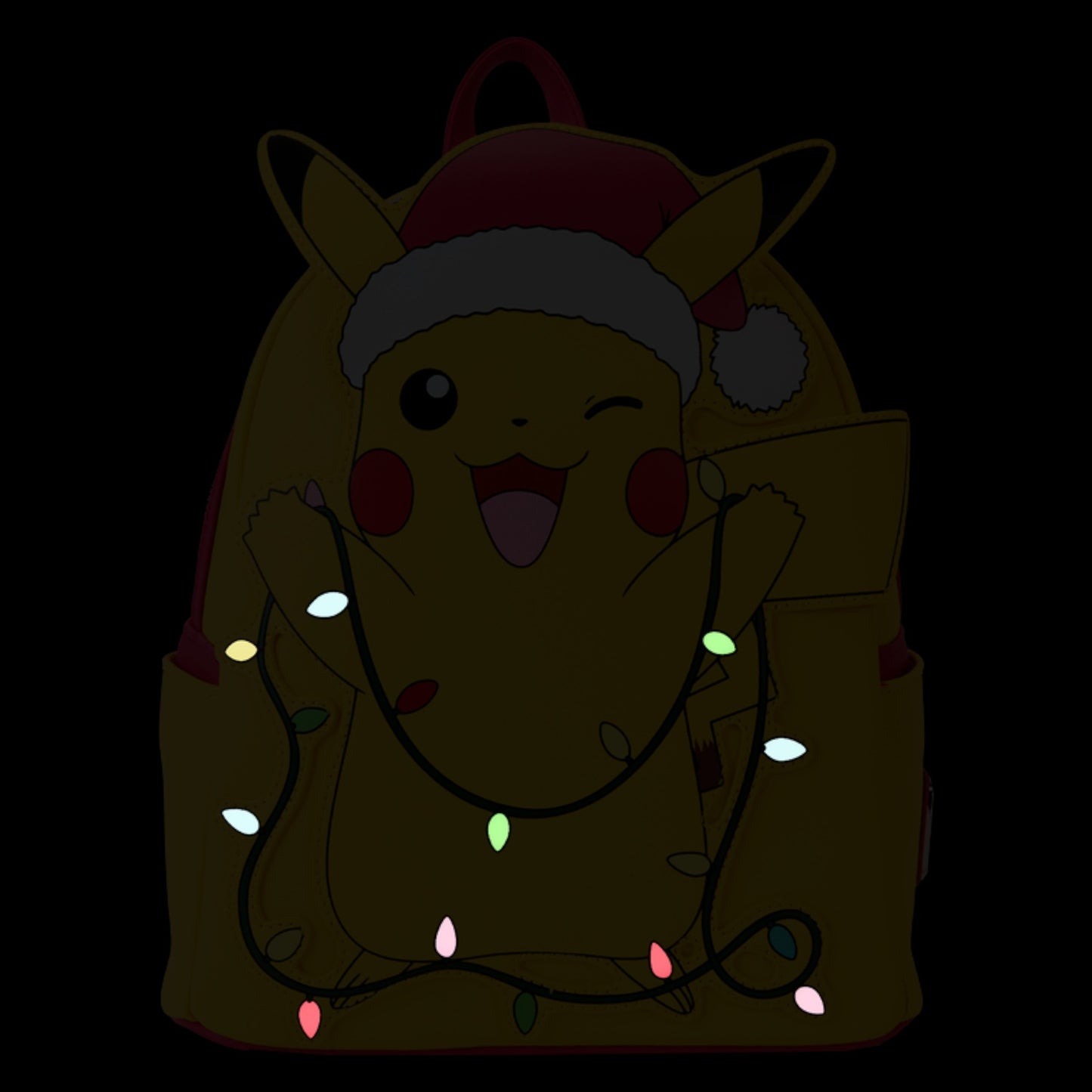 Glowing Pokémon Santa Pikachu character wrapped in Christmas lights with a Santa hat on a dark background