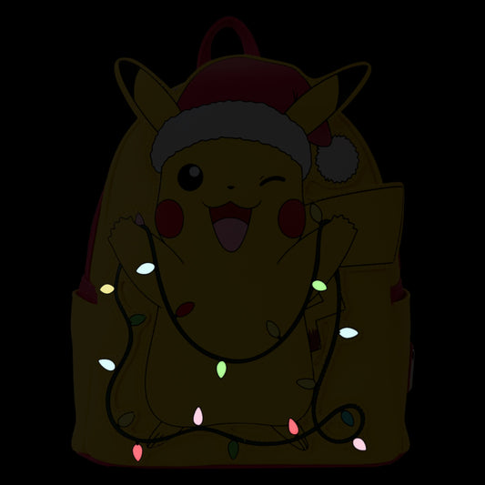 Glowing Pokémon Santa Pikachu character wrapped in Christmas lights with a Santa hat on a dark background