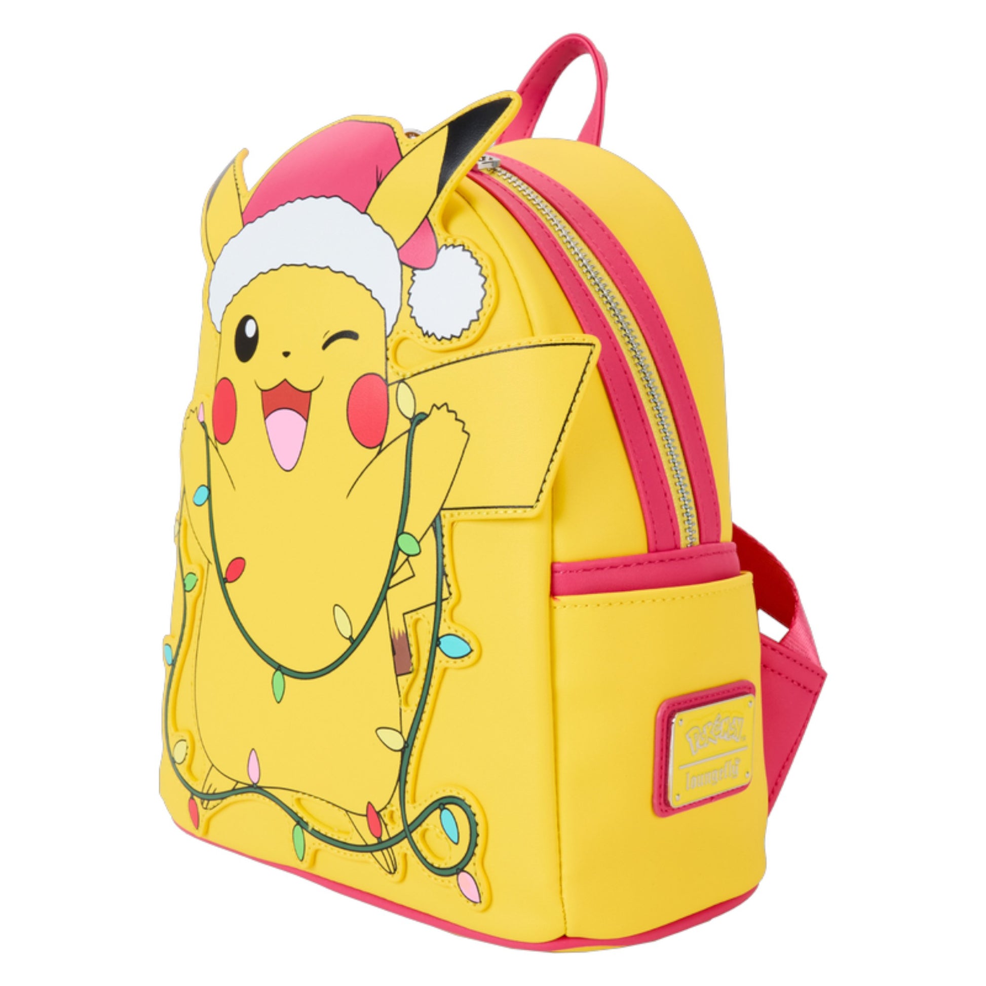 Yellow backpack with Pokémon Santa Pikachu design wearing a Santa hat and Christmas lights on a white background