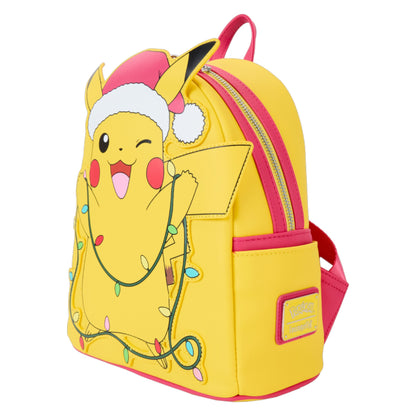 Yellow backpack with Pokémon Santa Pikachu design wearing a Santa hat and Christmas lights on a white background