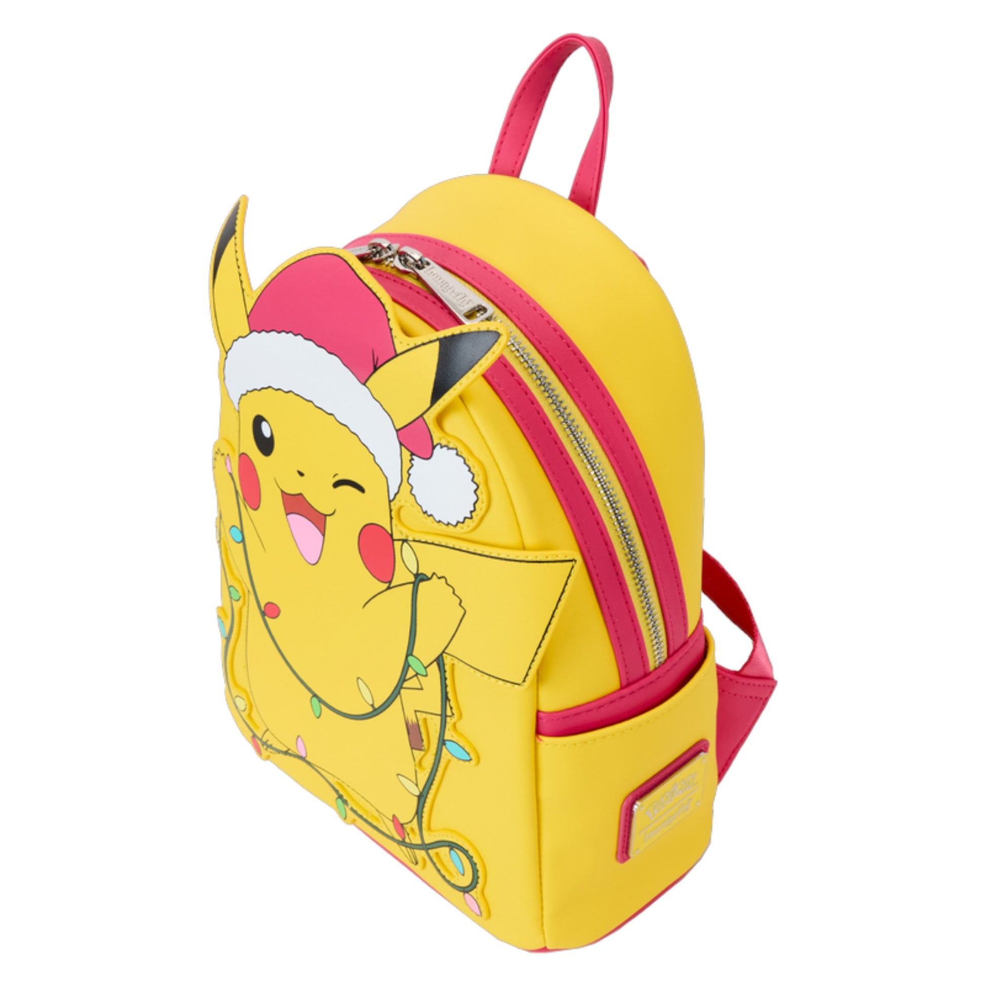 Yellow backpack with Pokémon Santa Pikachu character design on a white background