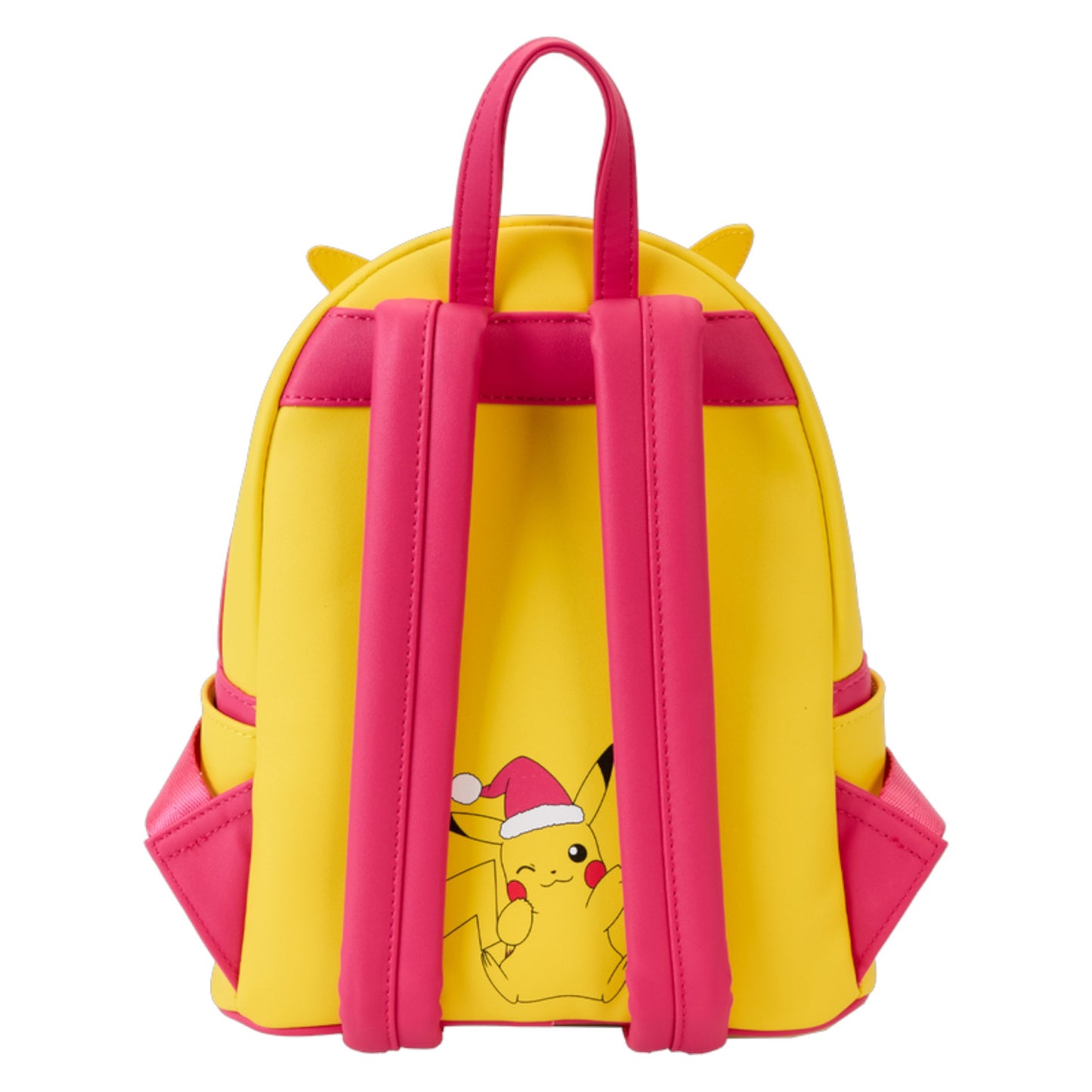 Yellow and pink backpack with a Pokémon Santa Pikachu character on a white background