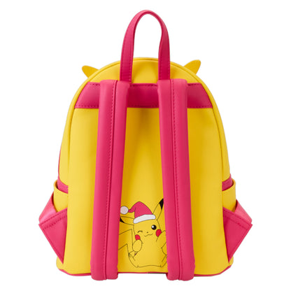 Yellow and pink backpack with a Pokémon Santa Pikachu character on a white background