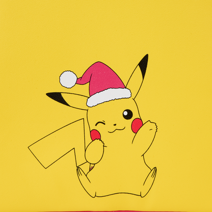 Pokémon Santa Pikachu wearing a Santa hat on a yellow background