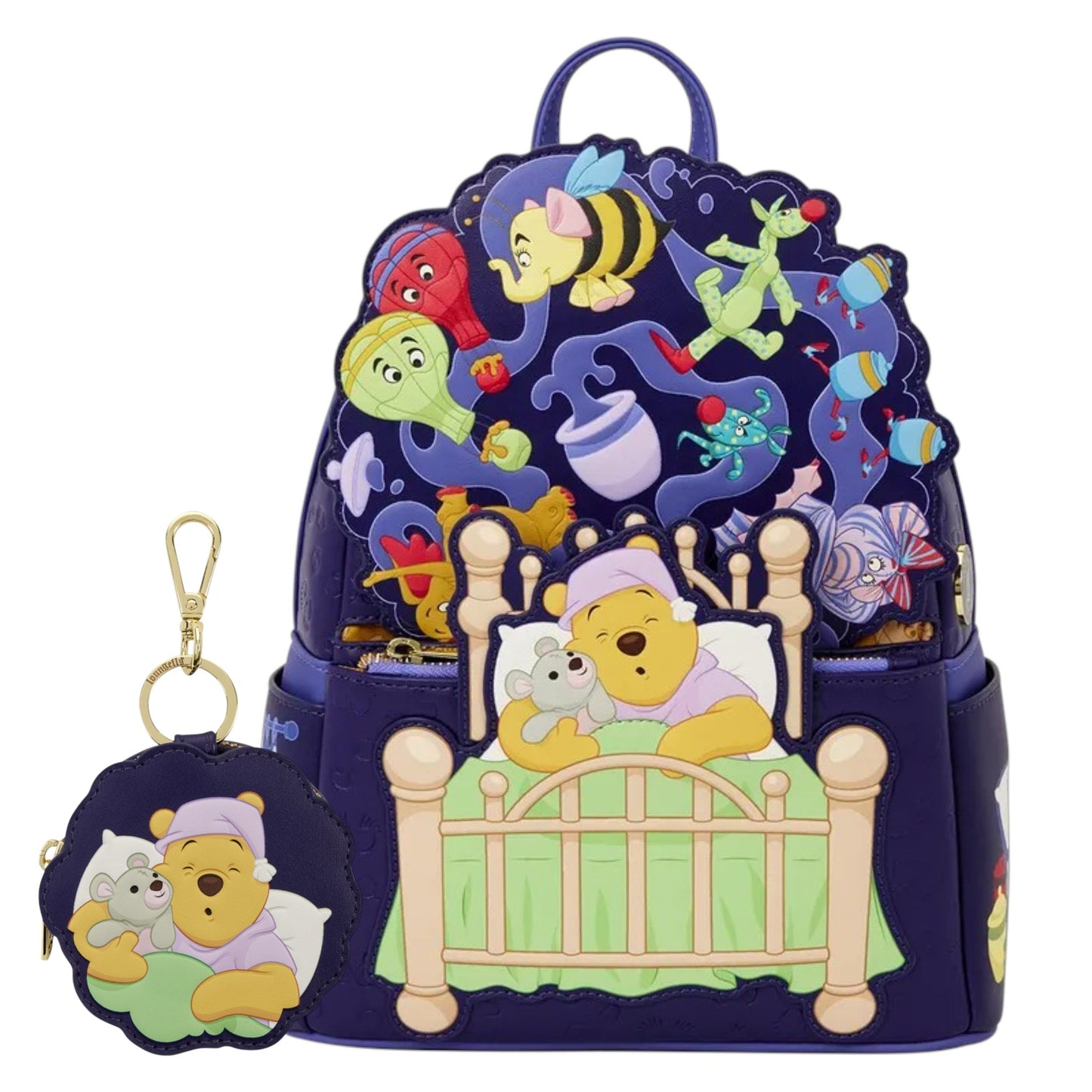 A Disney Winnie the Pooh themed backpack with a matching keychain pouch, featuring a colorful collage of characters and Pooh hugging Winnie in bed on a white background.