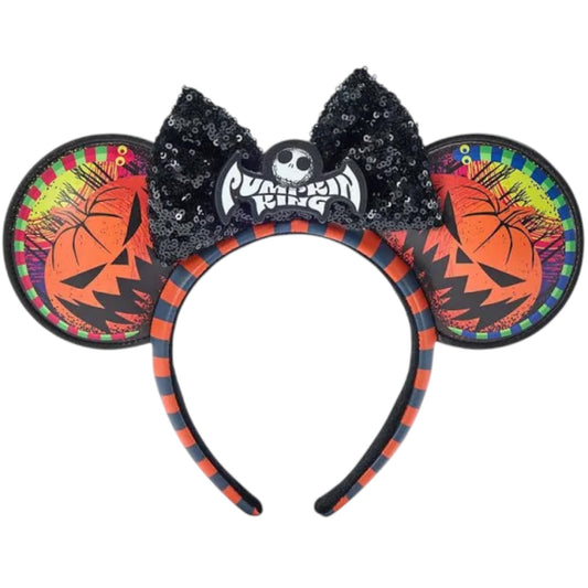 Halloween-themed haunted mansion pumpkin king mouse ears with colorful pumpkin design on a white background
