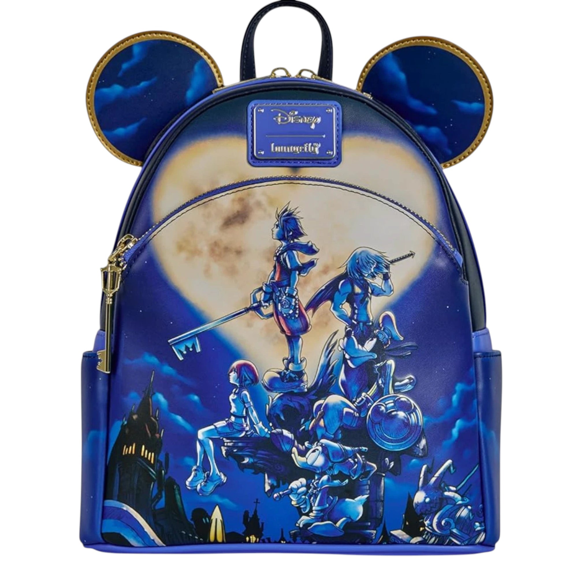 Kingdom Hearts Mickey Backpack with Disney design featuring characters and castle silhouette against a moonlit sky.