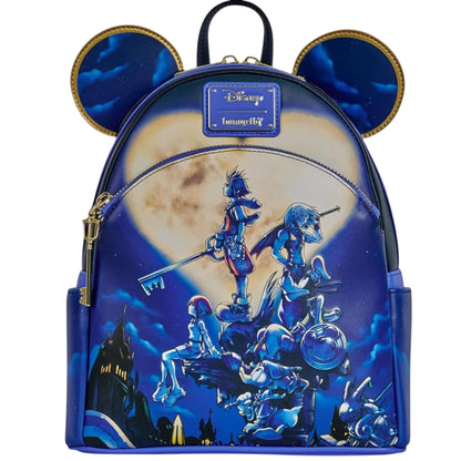 Kingdom Hearts Mickey Backpack with Disney design featuring characters and castle silhouette against a moonlit sky.