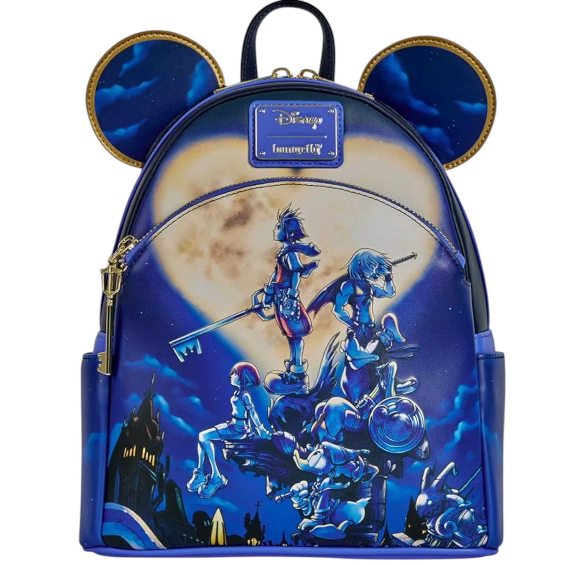 Mini backpack with Kingdom of Hearts Disney characters, MIckey Mouse Ears, and castle design on a blue background