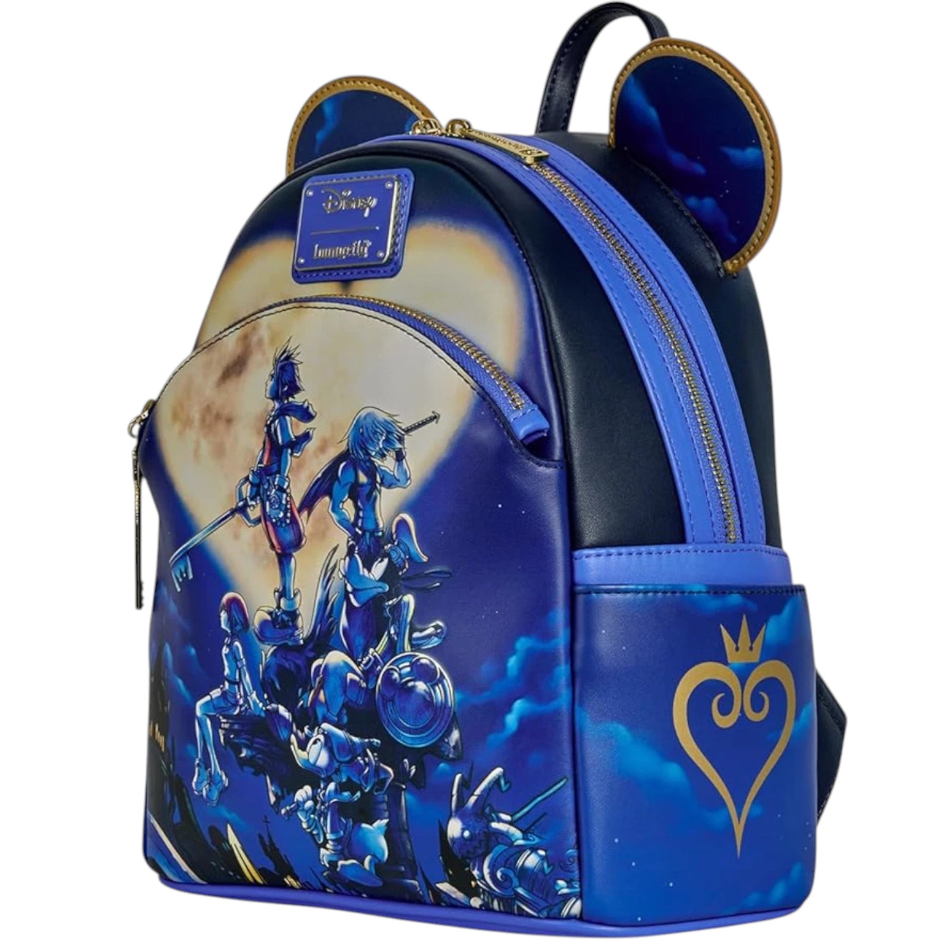 Blue mini backpack with Kingdom of Hearts character design, heart emblem, and Mickey Mouse ears on a white background