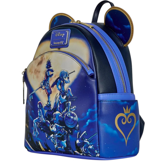 Blue mini backpack with Kingdom of Hearts character design, heart emblem, and Mickey Mouse ears on a white background