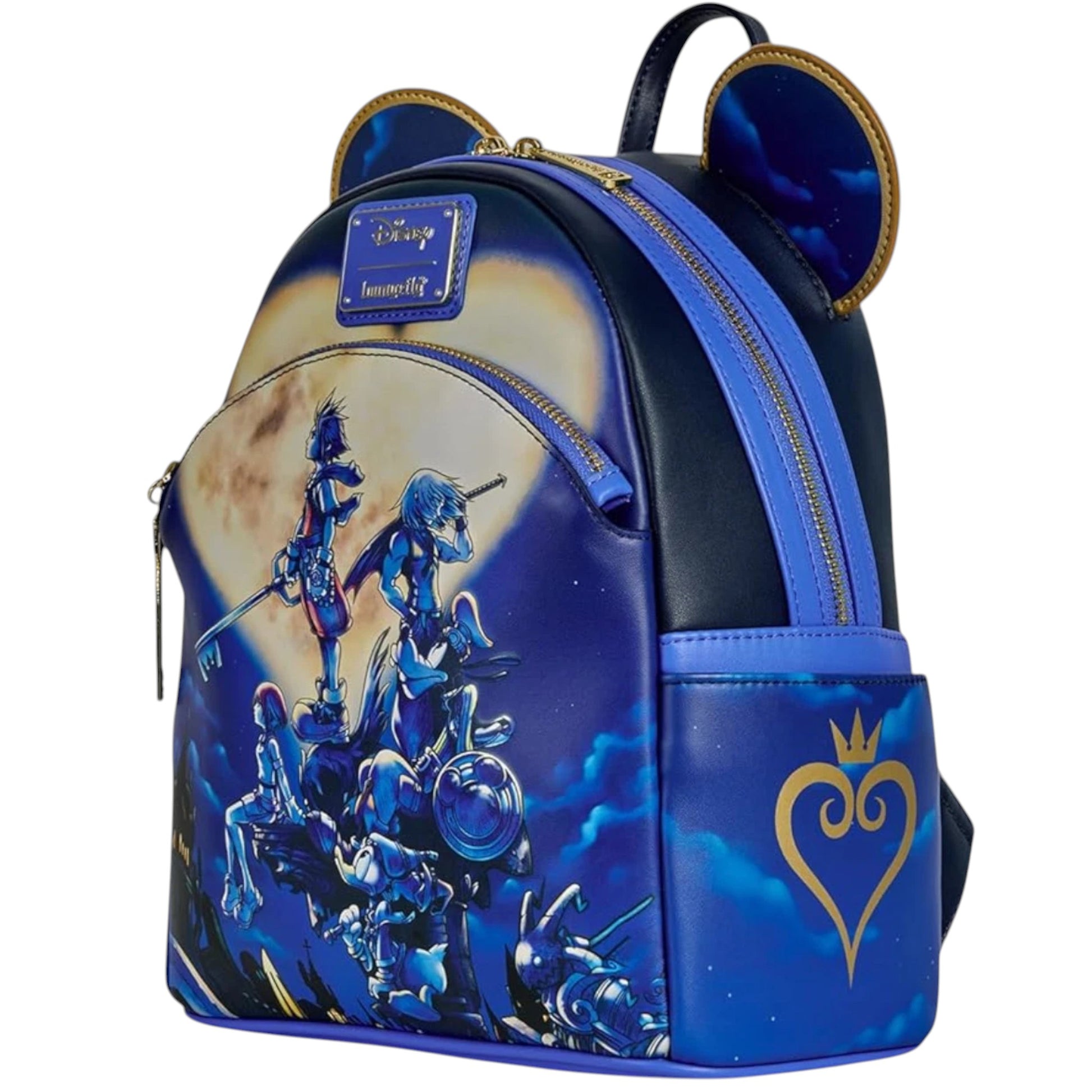 Blue Kingdom Hearts Mickey backpack with character design and heart emblem on a white background