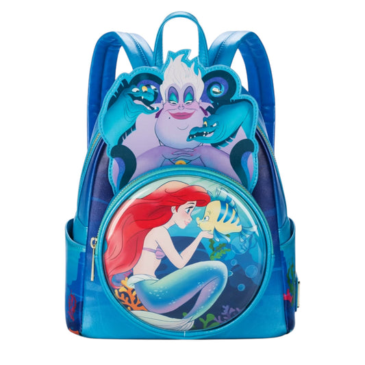 Backpack with Ursula, her eels and Ariel design on a white background