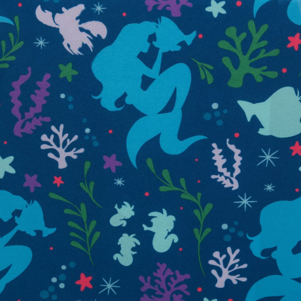 Pattern of Ariel and various Little Mermaid characters on a blue background