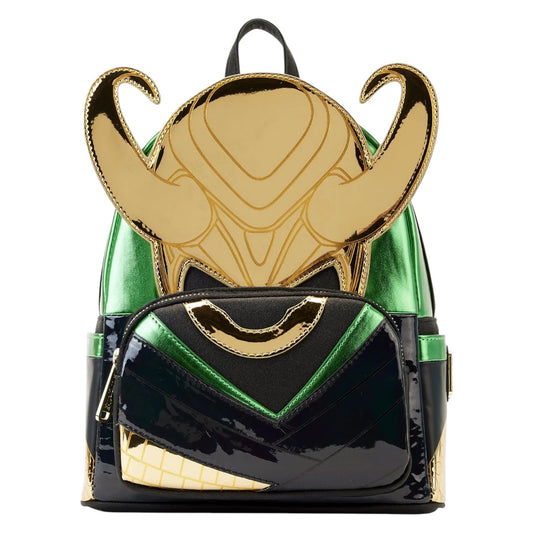 Marvel Shine Loki Backpack with Loki helmet design on a white background