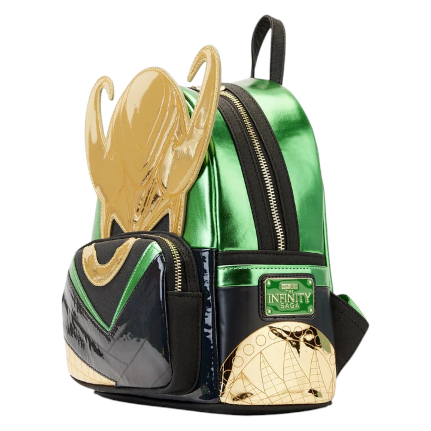 Green and gold Marvel Shine Loki backpack with matching shoes on a white background