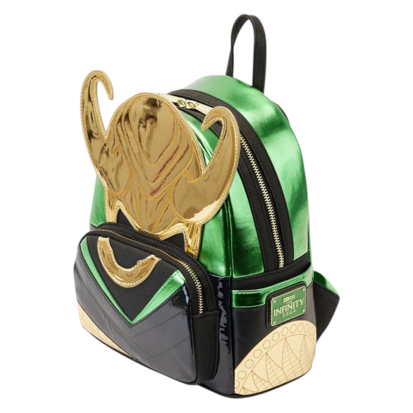 Green and gold Marvel Shine Loki backpack with Loki helmet design on a white background