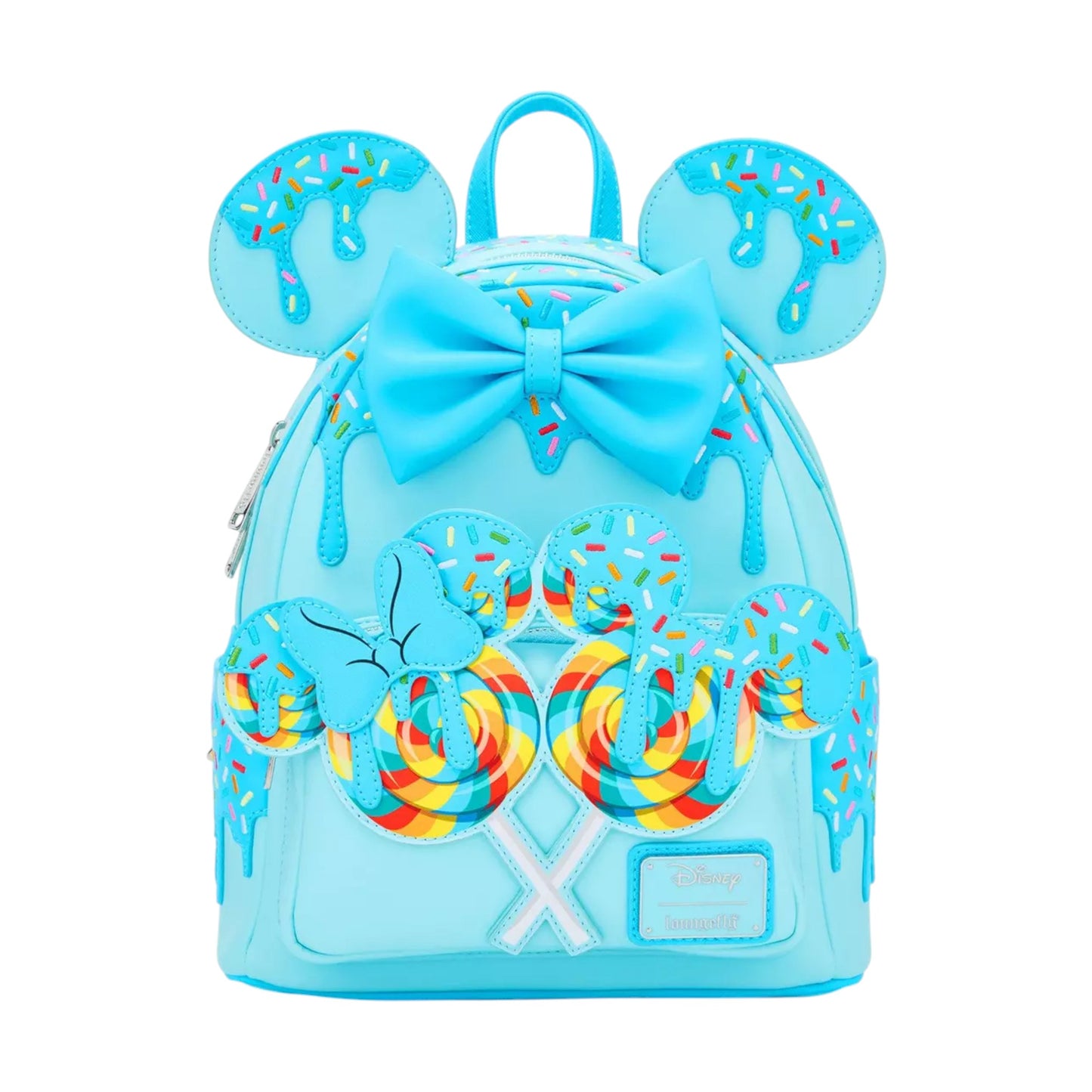 Light blue Minnie Mouse Lollipop Blue Sprinkle Ears backpack with candy design and bow on a white background
