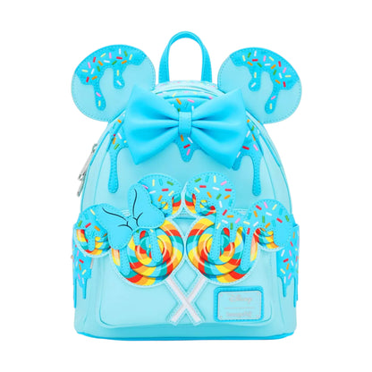 Light blue Minnie Mouse Lollipop Blue Sprinkle Ears backpack with candy design and bow on a white background