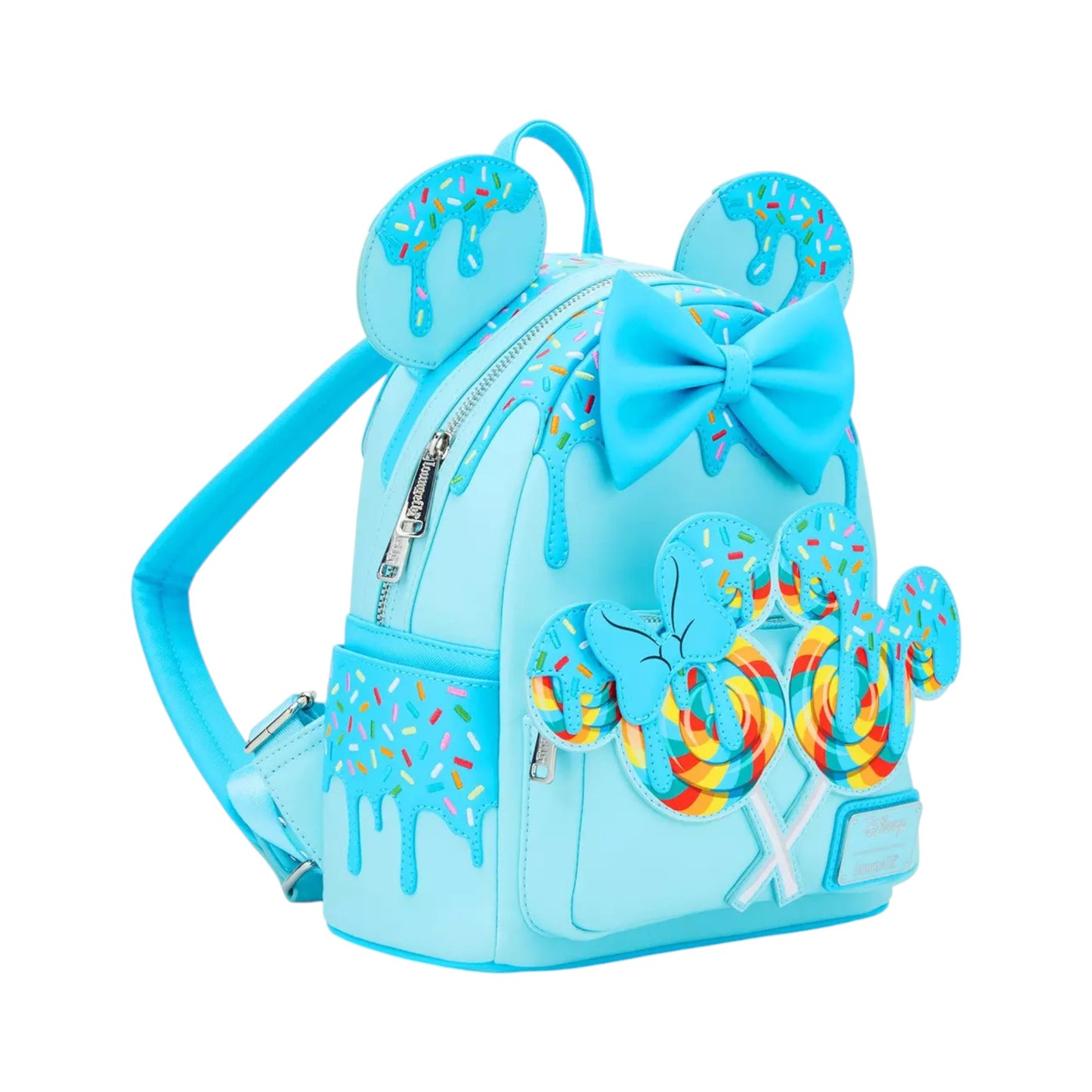 Light blue Minnie Mouse Lollipop Blue Sprinkle Ears backpack with lollipop-themed design on a white background