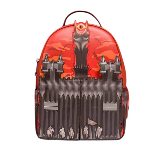 Backpack with castle design and Black Gates of Mordor on a white background