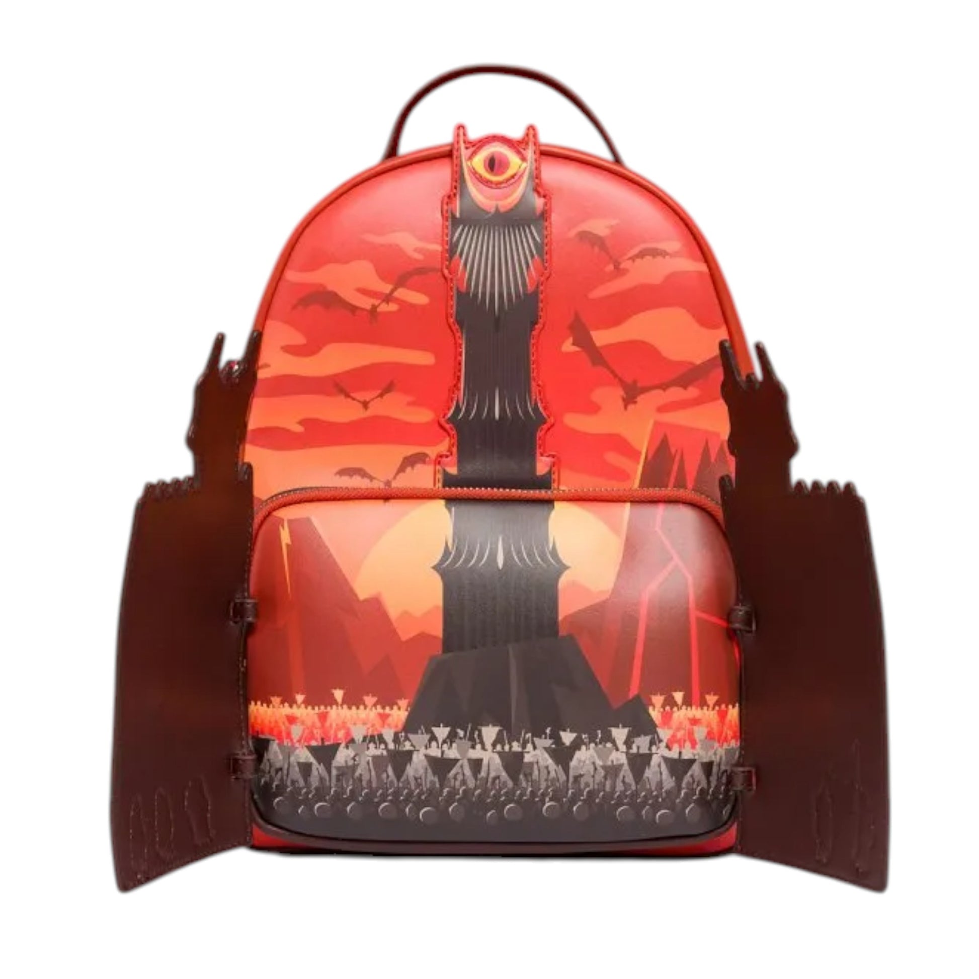 Backpack with a design of a castle, Black Gates of Mordor open and people in front of a sunset sky.