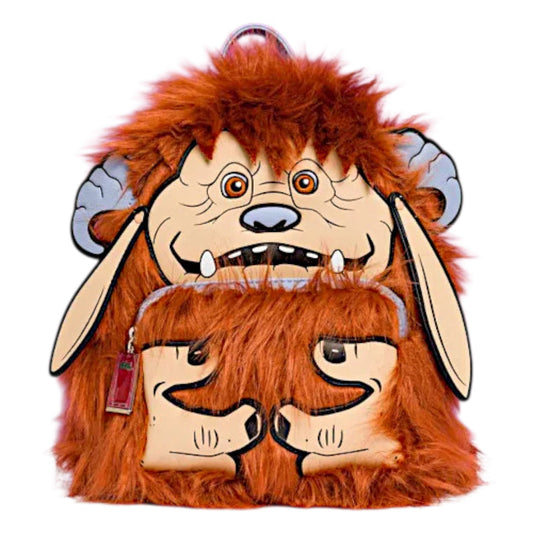 Backpack with a Ludo design with red fur and large ears on a white background.