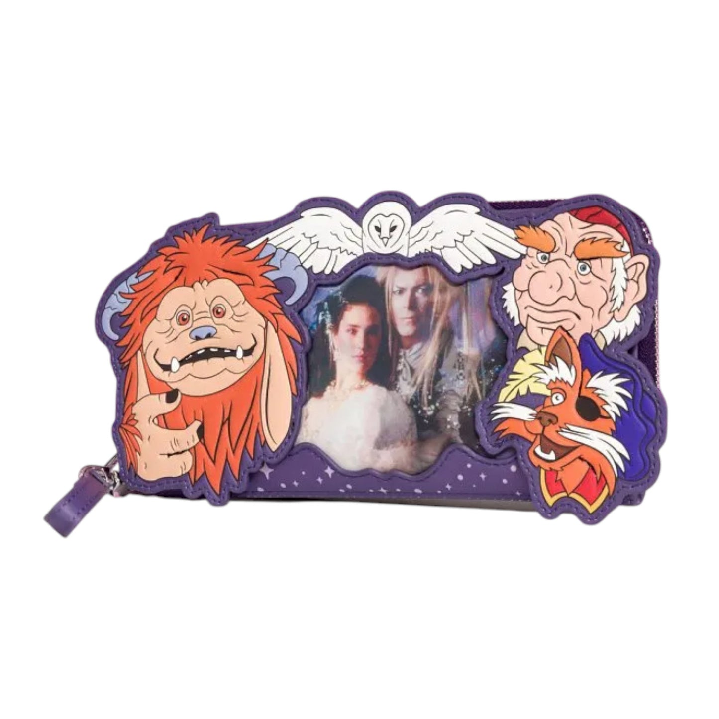 Loungefly Labyrinth Wallet Wristlet with colorful designs and character faces on a white background