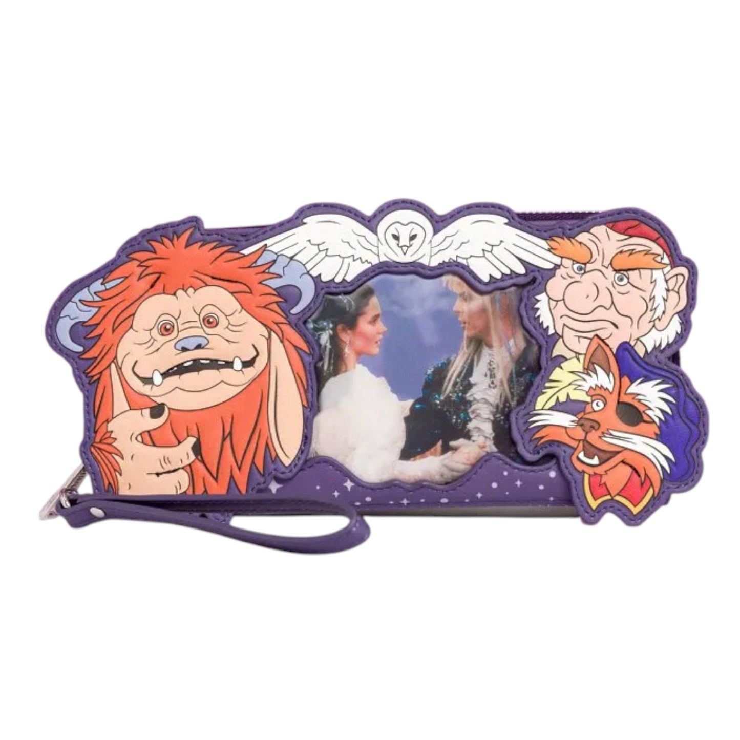 Animated Labyrinth characters and Ludo wallet with a purple strap on a white background