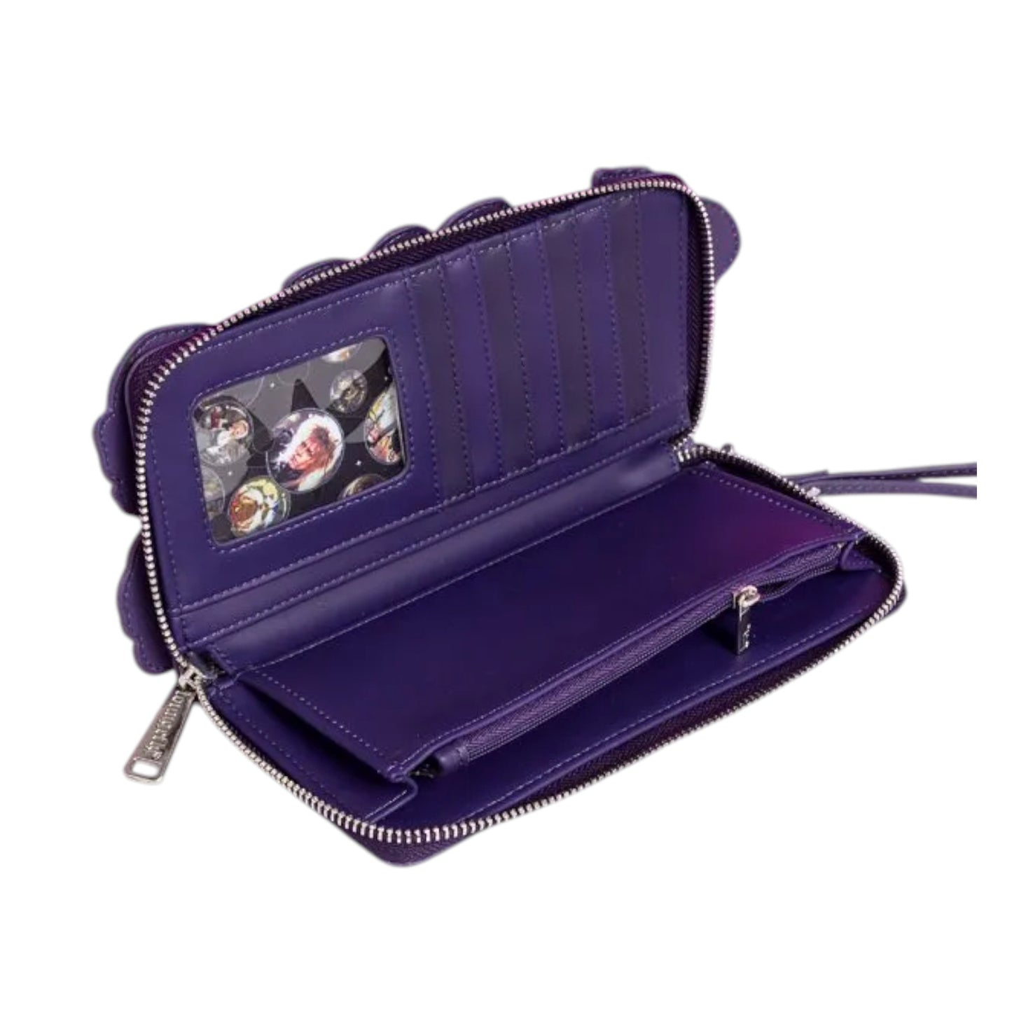 Purple wallet with a clear window showing Labyrinth characters and Ludo inside, on a white background
