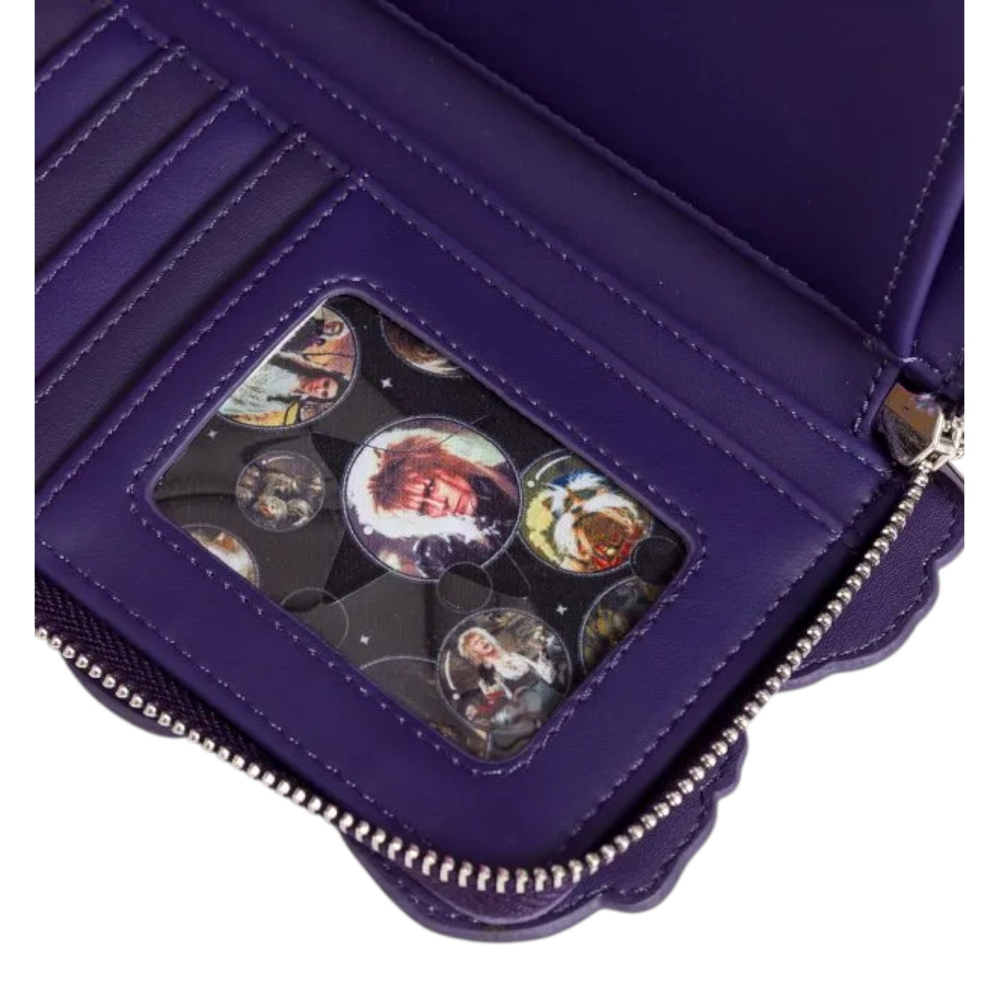 Purple wallet with a clear window displaying colorful buttons of Labyrinth characters and Ludo 