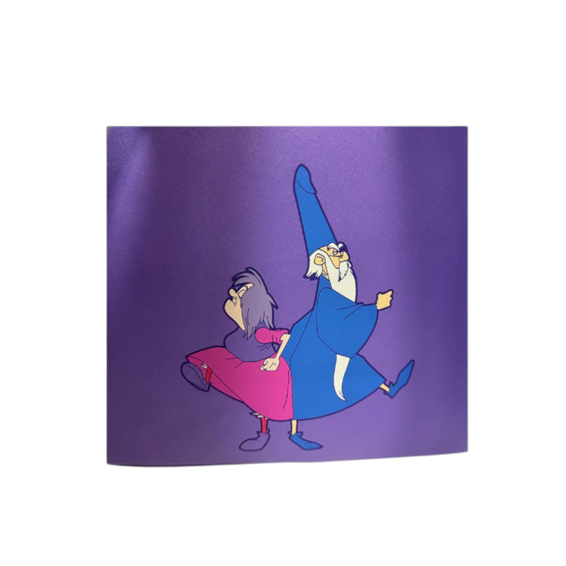 Two disney characters, one in a blue hat and pink outfit, the other in a white outfit with a blue hat, on a purple background.