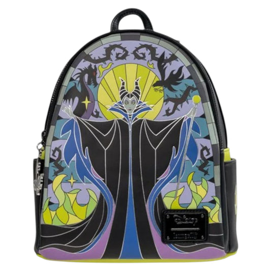 Backpack with stylized design featuring Maleficent surrounded by stained glass and supporting elements on a white background