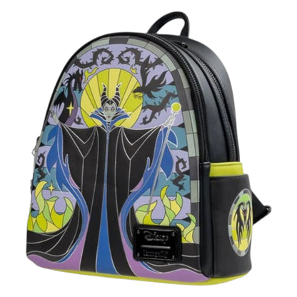 Backpack with stylized design of Maleficent surrounded by stained glass in a robe on a white background
