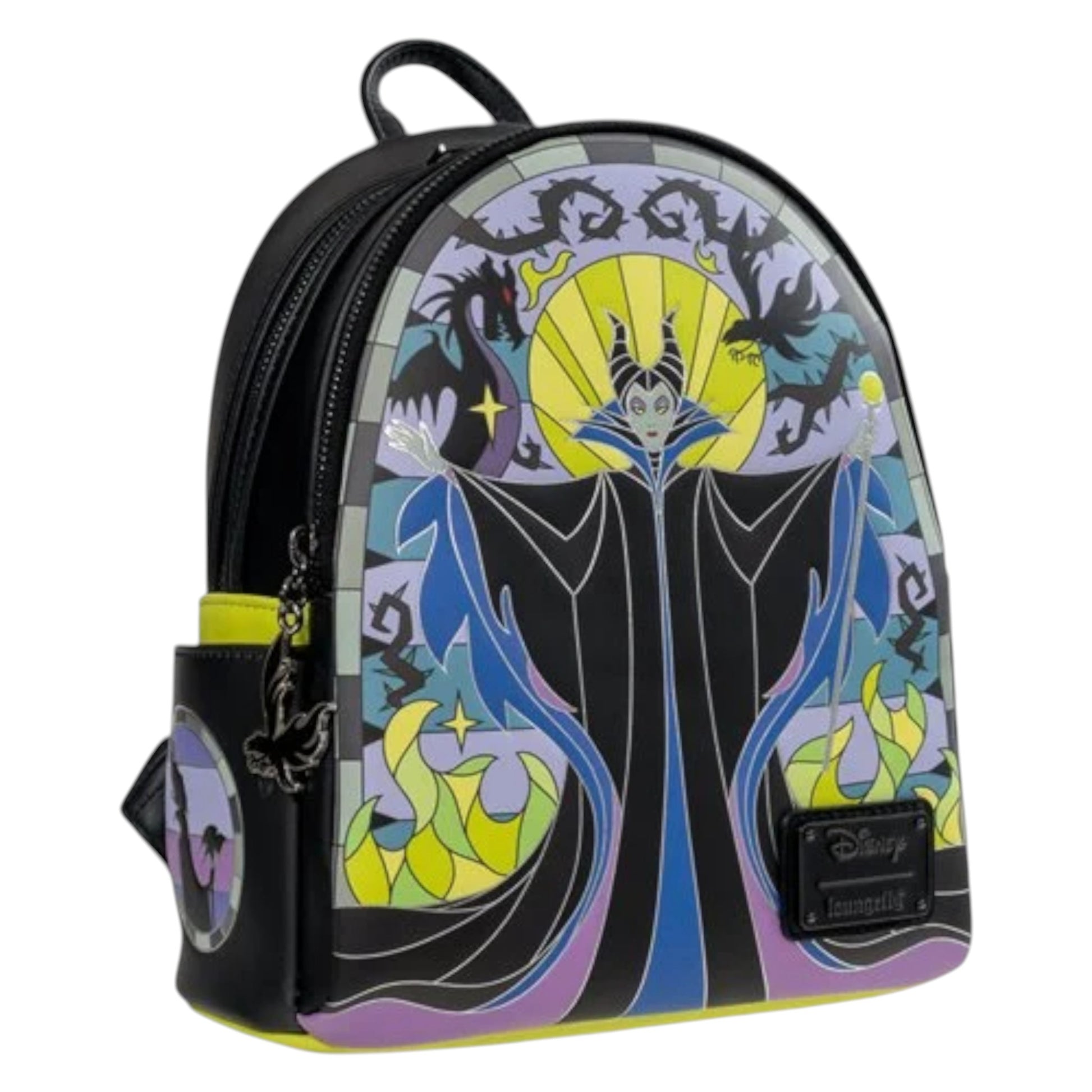 Backpack with stylized Maleficent surrounded by stained glass design on a white background