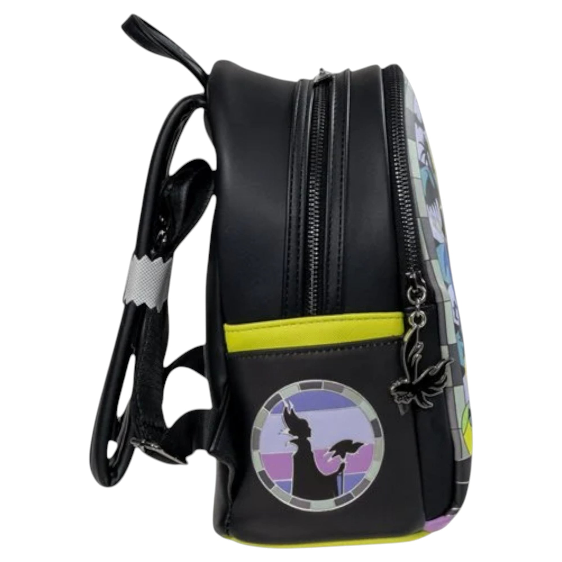 Black backpack with colorful Maleficent surrounded by stained glass design on a white background