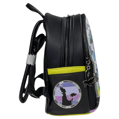 Black backpack with colorful Maleficent surrounded by stained glass design on a white background