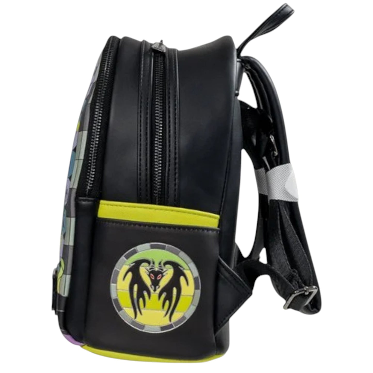 Black backpack with Maleficent as a dragon on a white background