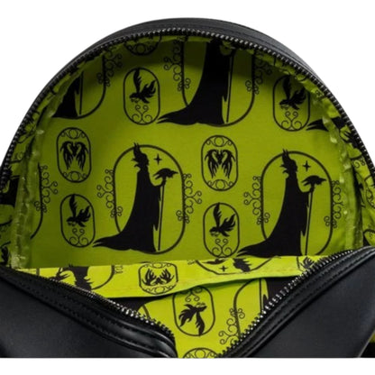 Backpack with black silhouette Maleficent design on a yellow background