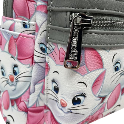 Picture of zipper with a Marie character design featuring a pink bow, and gray background.