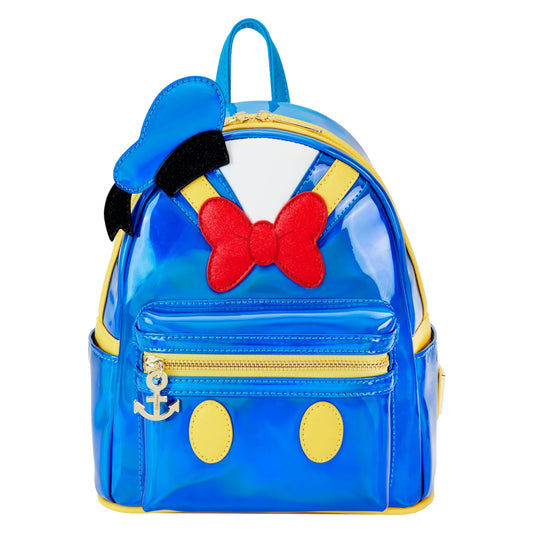 Metallic Donald Duck backpack with yellow accents and a red bow on a white background