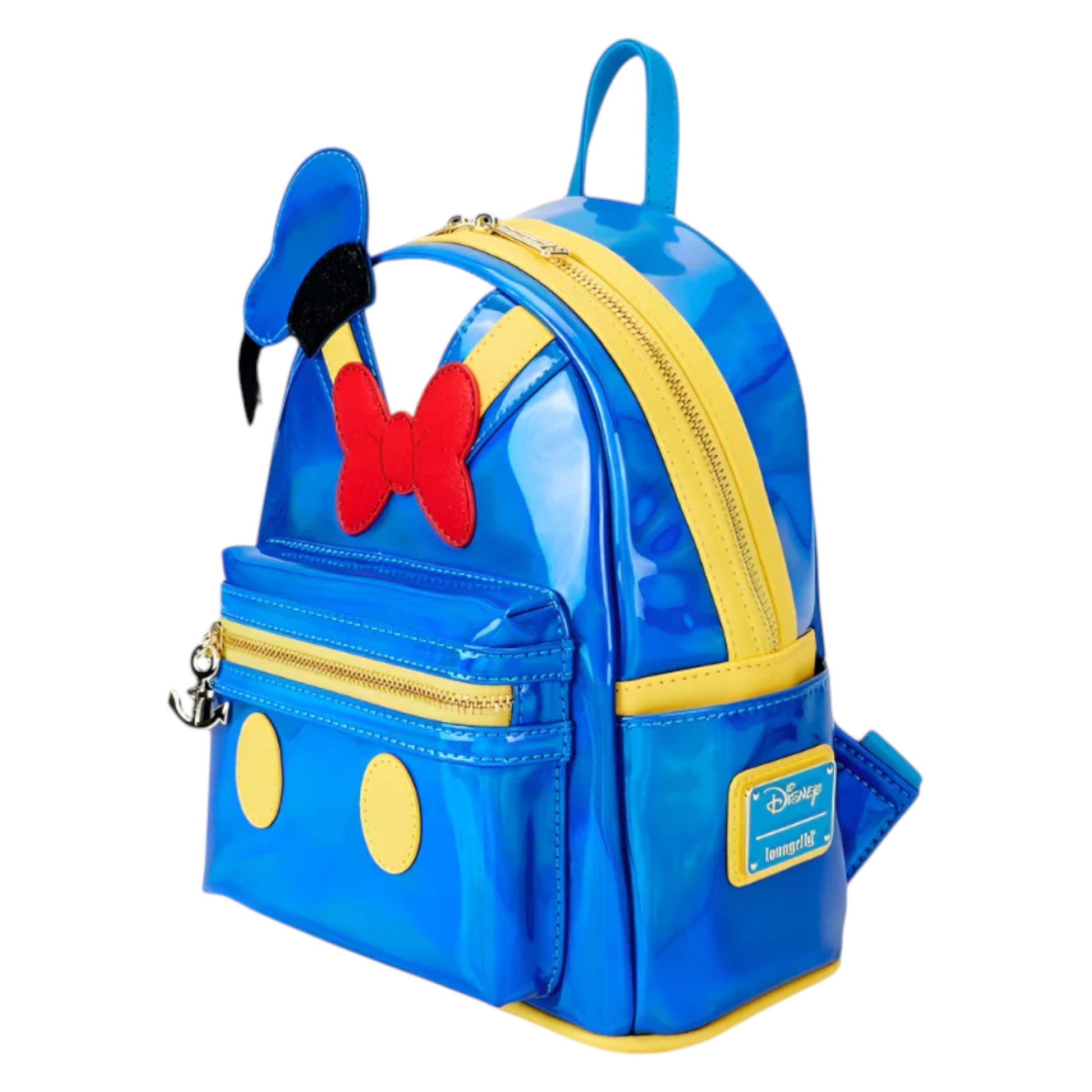 Blue Metallic Donald Duck backpack with yellow accents and a red bow on a white background