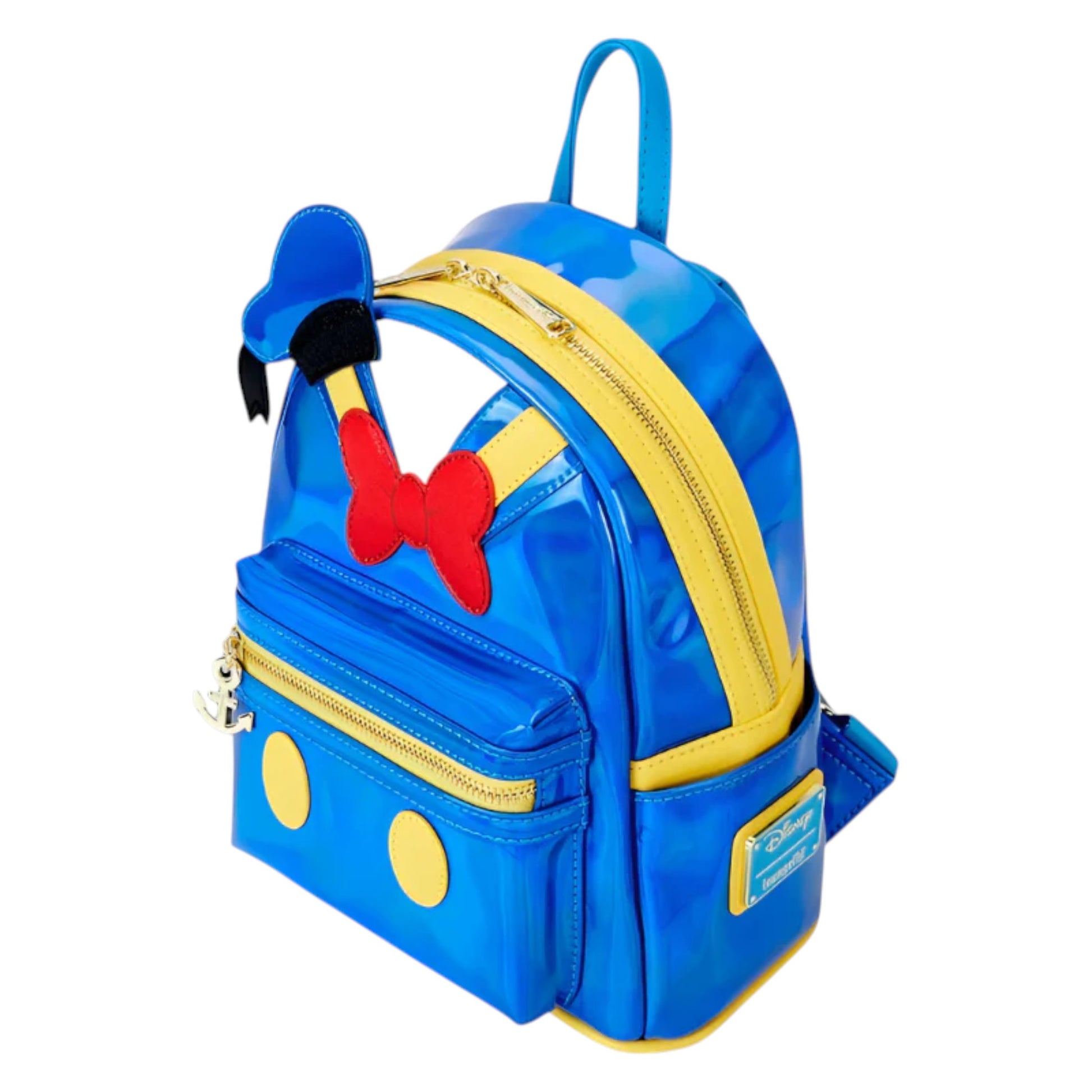 Blue Metallic Donald Duck backpack with yellow accents and a red bow on a white background
