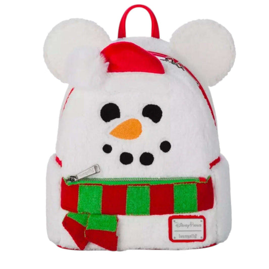Plush Mickey Mouse Snowman backpack with red hat and green scarf on a white background