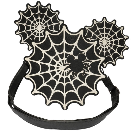Black and white Mickey Mouse Spiderweb design with a bat silhouette on a white background