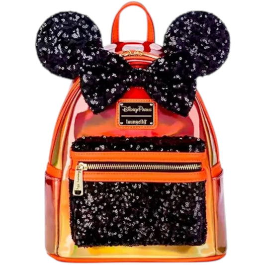 Backpack with sequin Minnie Mouse ears and bow, featuring a Disney Parks label.