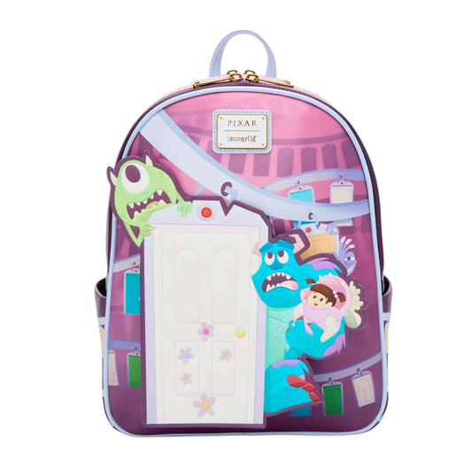 Backpack with Pixar Sully, Boo, and Mike character design with door on a white background