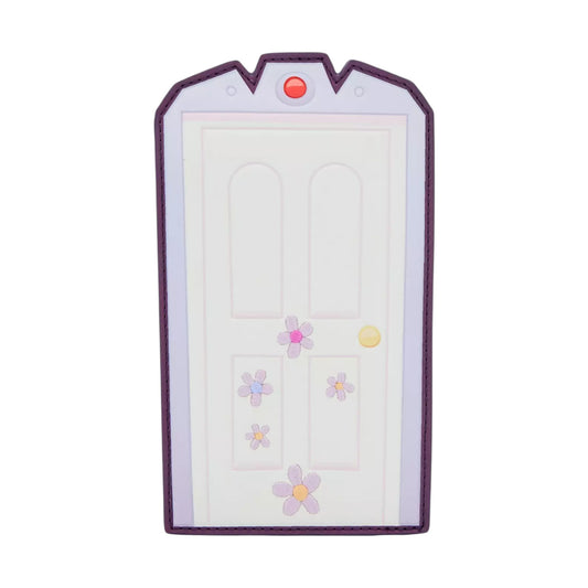 Rectangular white door with purple border and colorful flowers on a white background