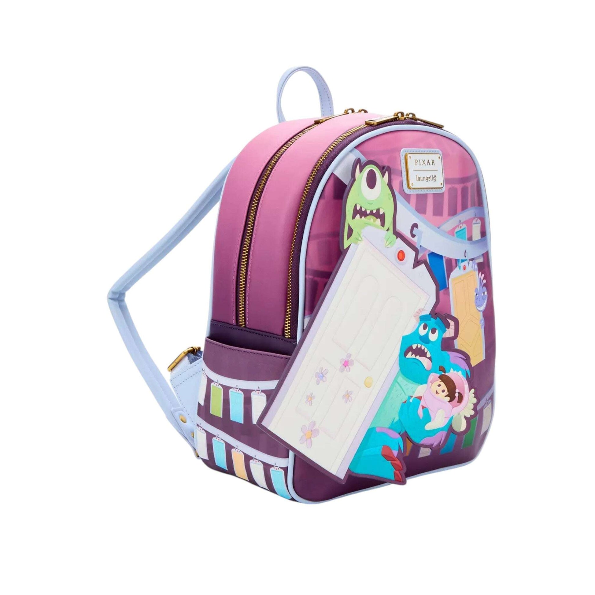 Backpack with Sully, Boo, and Mike character design with door on a white background