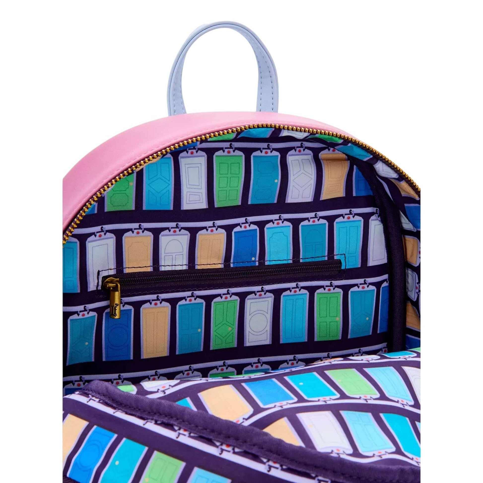 Colorful backpack with a pattern of small doors on a white background